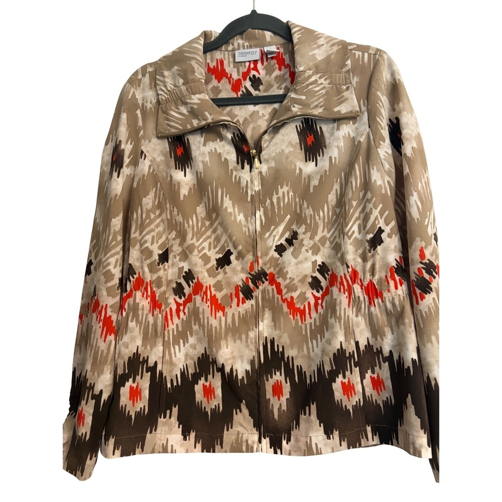 Zenergy by Chico's Jacket 1 M Brown Ikat, Aztec, Geometric, Zip, Stretch, Sporty